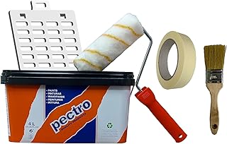 PECTRO Set Peinture blanche mur et plafond 6,6kg (4L) Kit avec rouleau, pinceau, grille et ruban | Interieur Exterieur Enterrés - Acrylique et lessivable au fort pouvoir couvrant - Emballages recyclé