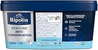 RIPOLIN - Peinture Anti-Condensation Intérieur - Sur Murs et Plafonds - Résiste à l’Humidité Ambiante - Protège des Moisissures - Microporeuse & Lessivable - Ne Cloque Pas - Mat - 2,5L - Blanc