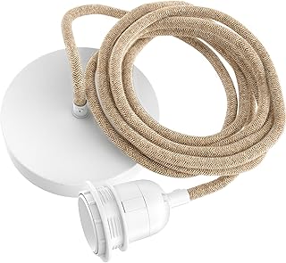 Hoopzi - Câble Suspension Luminaire Corde et Blanc - Fil Electrique en Tissu 2,5m - 1 x Ampoule Douille E27 - Pour Salon, Cuisine, Chambre - Modèle Hang 1