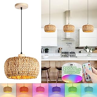Suspension Boho Rattan E27 avec Batterie Intérieur Vintage Bambou Suspension Lampe Suspendue avec Télécommande, Lampe Suspendue RGB, Ampoules Rechargeables pour Salle à Manger Pas de Câbles