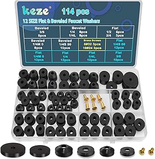 KEZE 114 pièces Kit assortiment de rondelles pour robinets 10 tailles avec assortiment de vis Bibb en laiton Rondelles en caoutchouc plates et biseautées pour robinets extérieurs 1/2,3/8,3/4